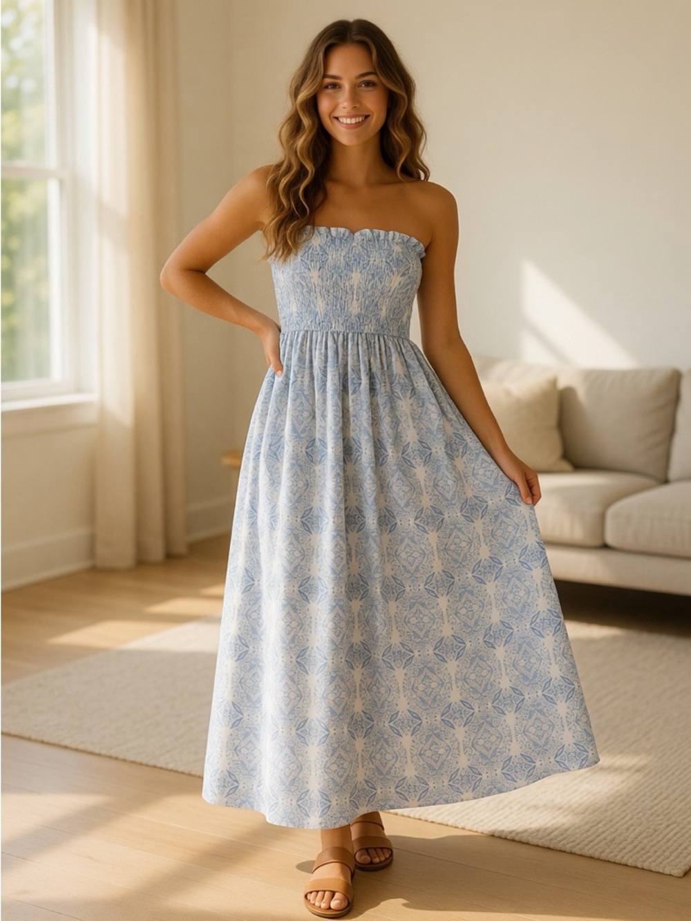 Emer Rose Blue & White Patterned Maxi Dress Tube Top NWT